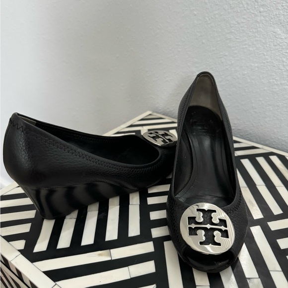 TORY BURCH Black ‘Sally 2’ Peep Toe Wedges | Size 6.5M - Picture 2 of 5